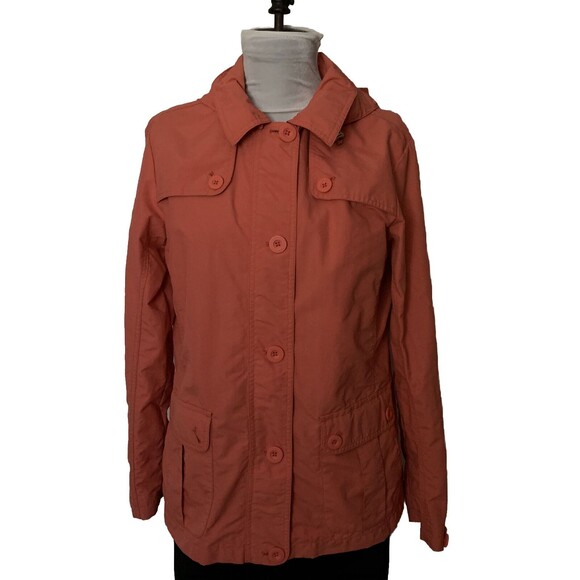 Lands End Rain Jacket Womens Small Orange Detachable Hood Full Zip Nylon - Picture 1 of 8
